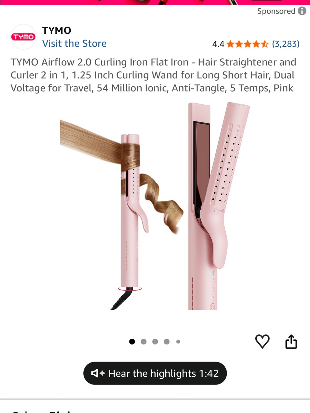 TYMO Airflow 2.0 Pink 2-in-1 Curling Iron & Flat Iron